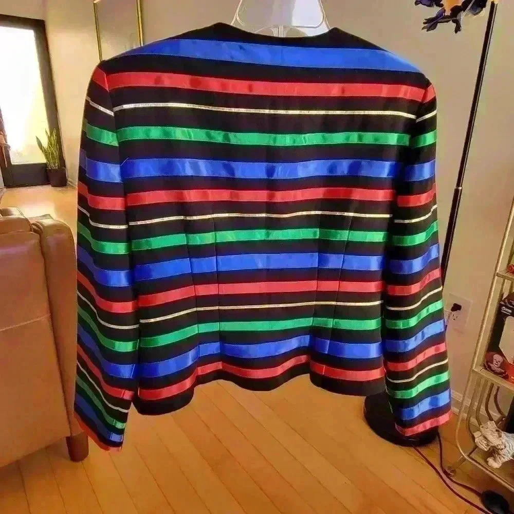 MAGGY LONDON Blazer Waist Jacket Size 14 Silky Rainbow Stripe Padded VTG - Picture 3 of 16